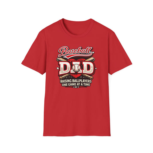 Red baseball dad shirt featuring “Raising Ballplayers One Game at a Time” sports dad graphic