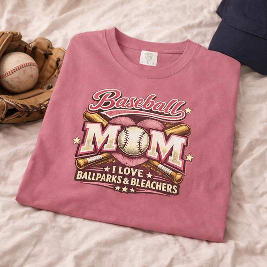 Baseball mom shirt with “I Love Ballparks & Bleachers” graphic on folded tee