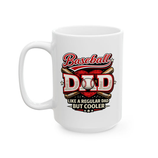 Baseball dad coffee mug featuring bold red and black baseball-themed typography on a white ceramic mug