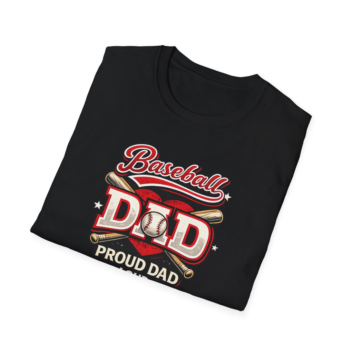 Sports dad t-shirt laid flat showing baseball graphic design