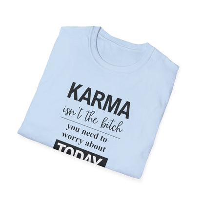 Folded light blue t-shirt with humorous karma quote print