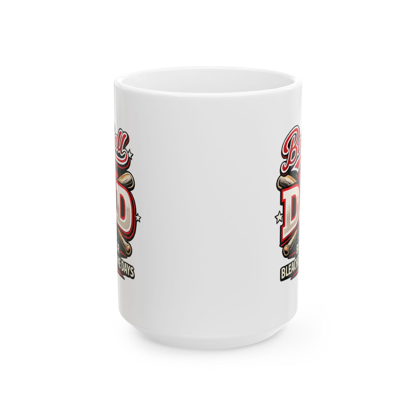 Side view of a white ceramic baseball dad mug displaying the baseball-themed graphic wrapped around the mug.