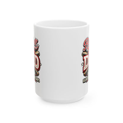 Side view of a white ceramic baseball dad mug displaying the baseball-themed graphic wrapped around the mug.