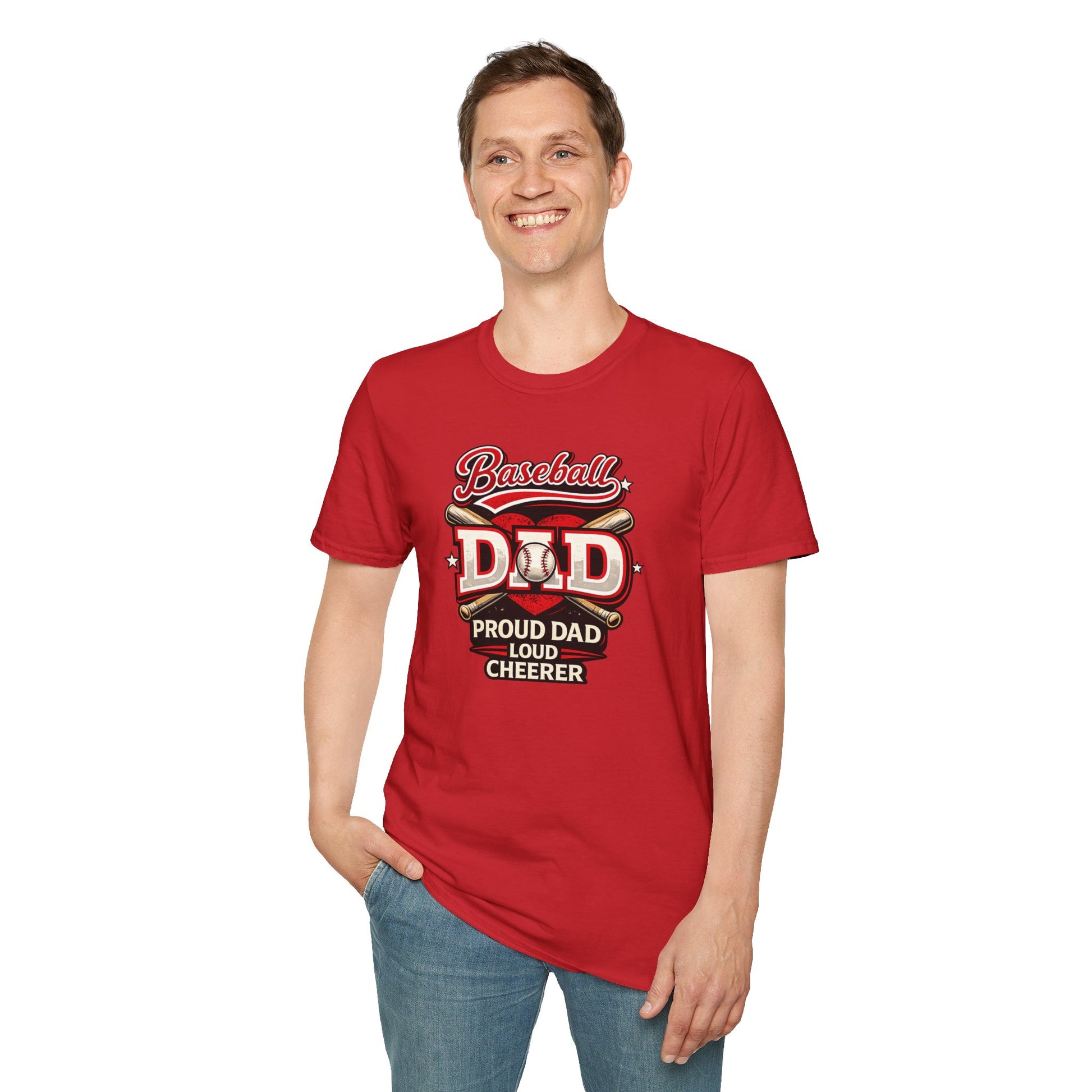 Baseball dad game day shirt shown in red color option
