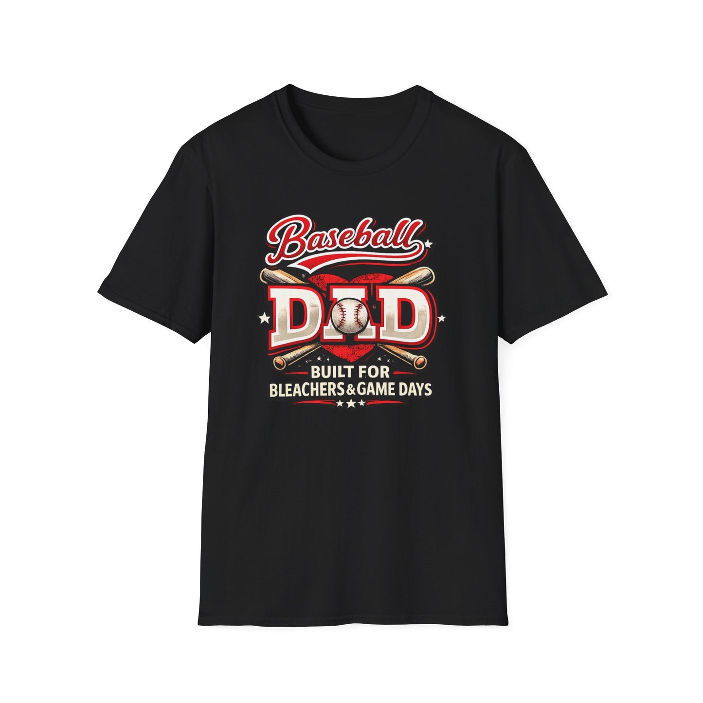 Black baseball dad t-shirt with a vintage-style red and white baseball graphic and the phrase “Baseball Dad Built for Bleachers & Game Days.”