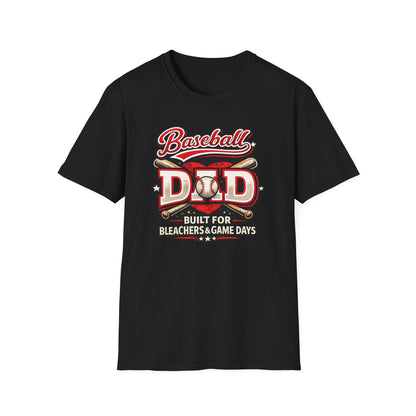 Black baseball dad t-shirt with a vintage-style red and white baseball graphic and the phrase “Baseball Dad Built for Bleachers & Game Days.”