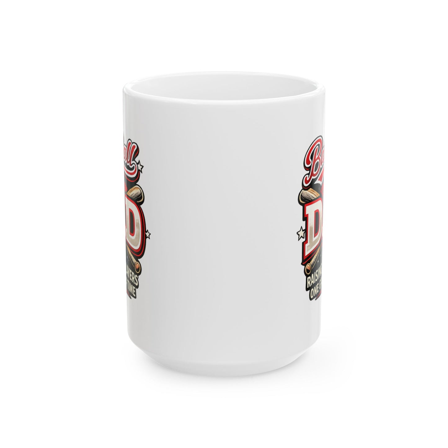 White ceramic Baseball Dad coffee mug printed on both sides with baseball dad message