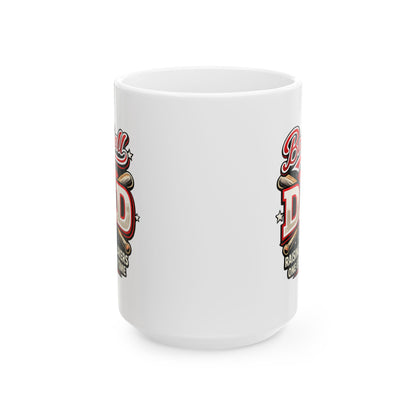 White ceramic Baseball Dad coffee mug printed on both sides with baseball dad message