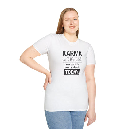 Woman smiling while wearing funny karma quote graphic tee