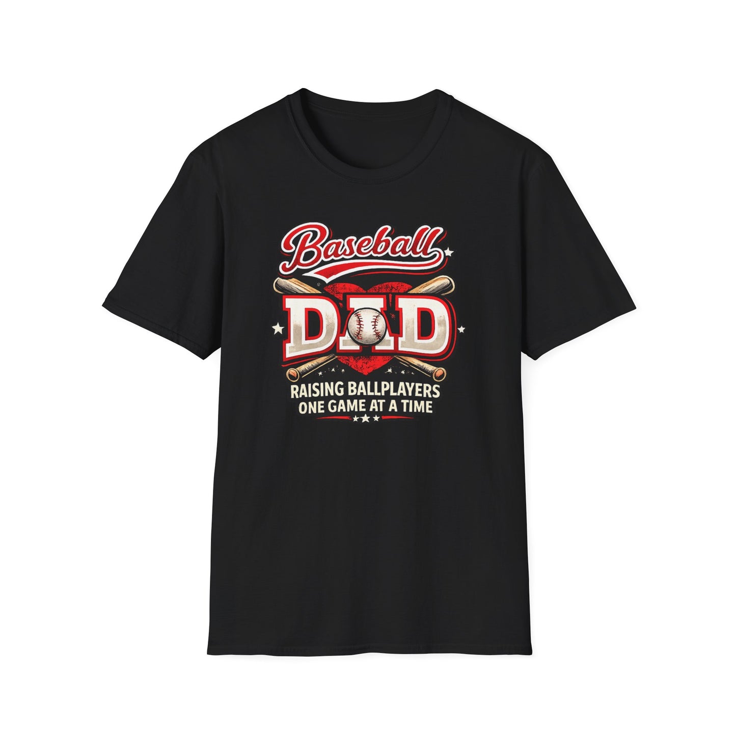 Black baseball dad shirt featuring “Raising Ballplayers One Game at a Time” sports dad graphic