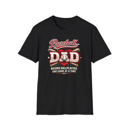 Black baseball dad shirt featuring “Raising Ballplayers One Game at a Time” sports dad graphic