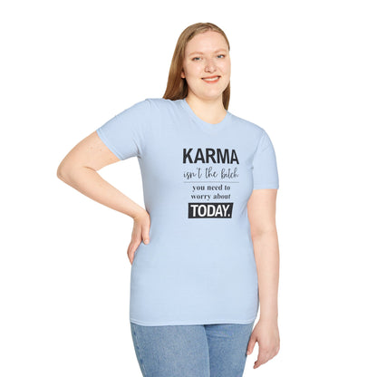 Woman modeling funny karma quote t-shirt with relaxed unisex fit