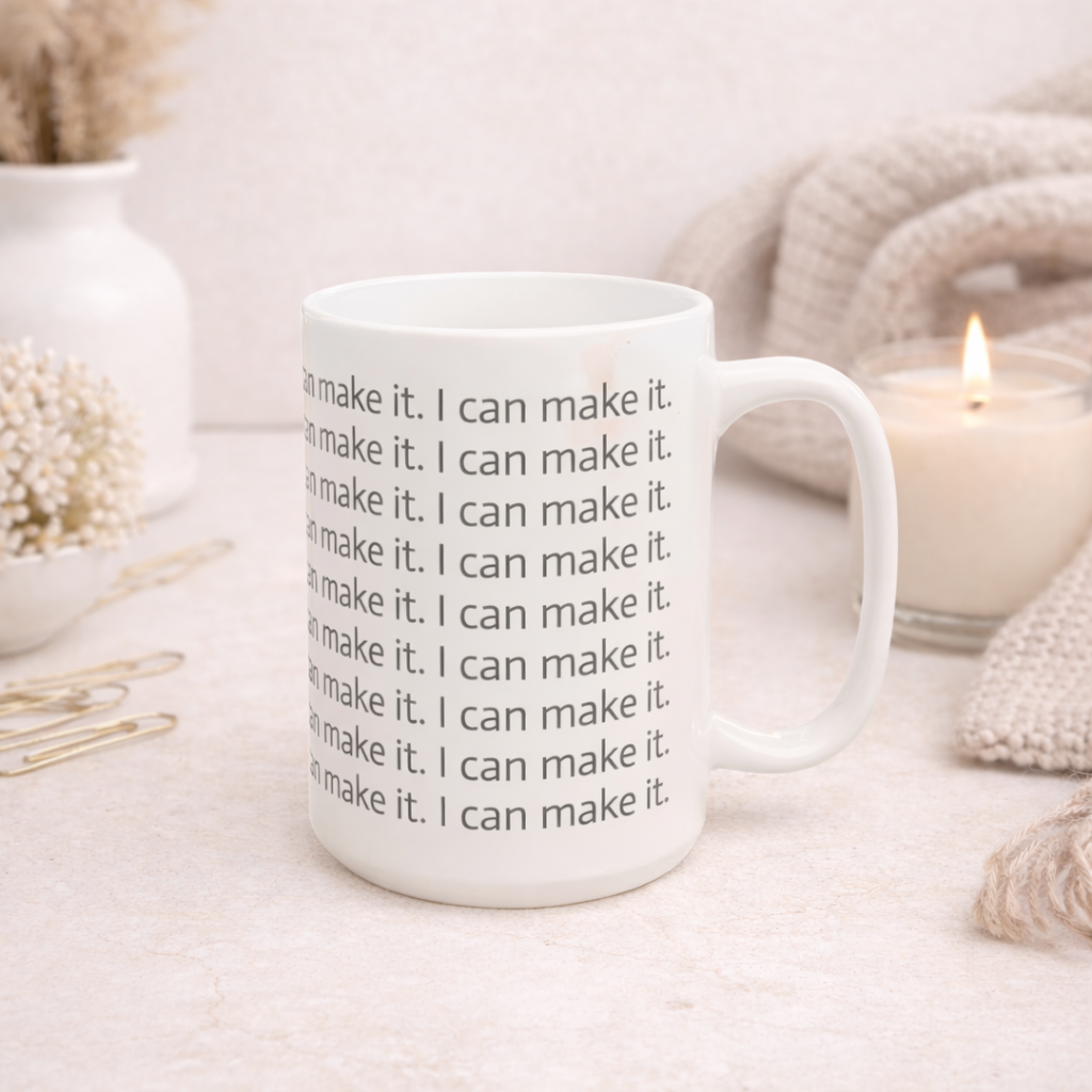 White ceramic coffee mug featuring the phrase “I can make it,” styled with neutral decor and candle for a cozy aesthetic.