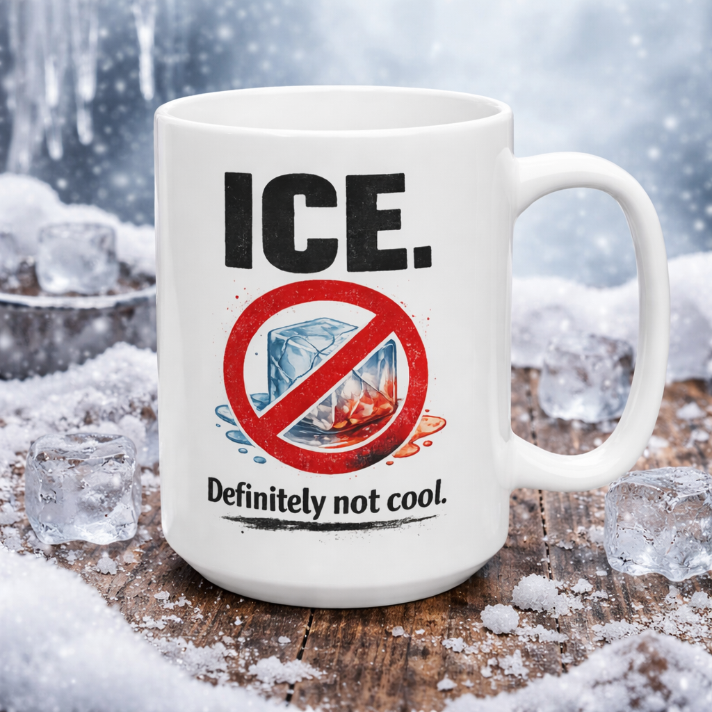 White ceramic coffee mug with bold ICE graphic and red prohibition symbol reading Definitely not cool, displayed on a snowy wooden surface with ice cubes in the background