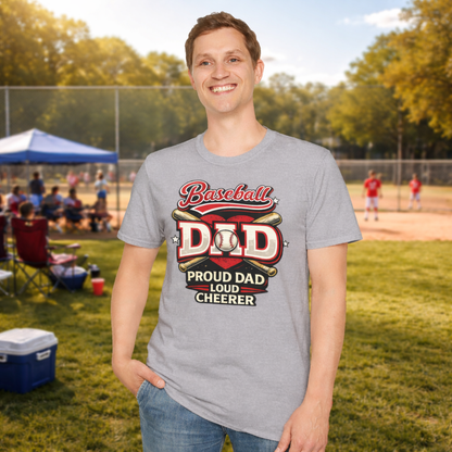 Close-up of proud baseball dad t-shirt varsity lettering