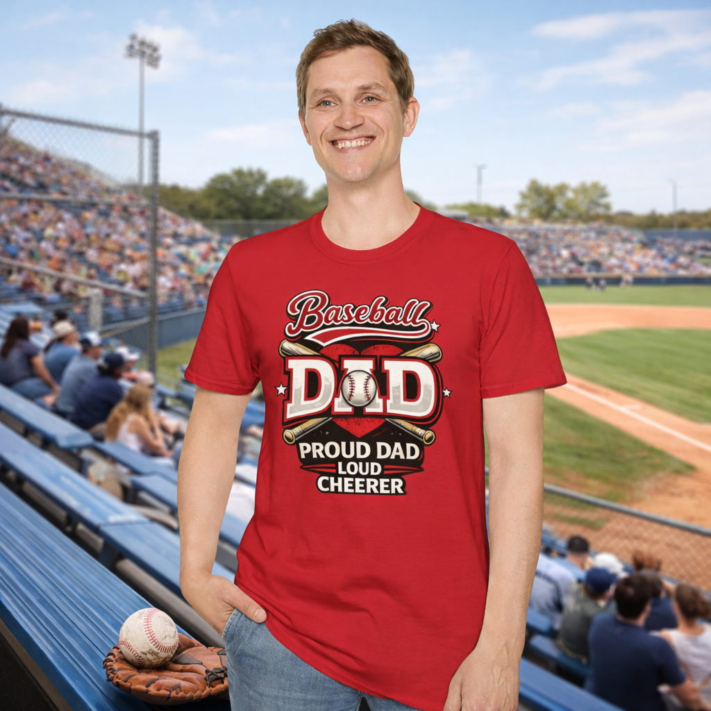 Proud baseball dad wearing loud cheerer t-shirt at ballpark