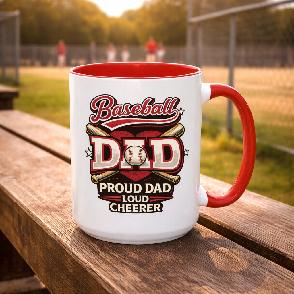 Ceramic baseball dad coffee mug on wooden surface