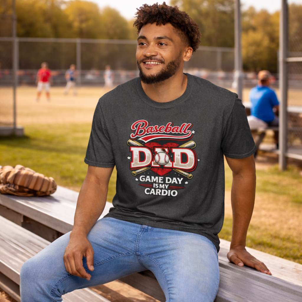 Dad wearing “Game Day Is My Cardio” baseball t-shirt outdoors