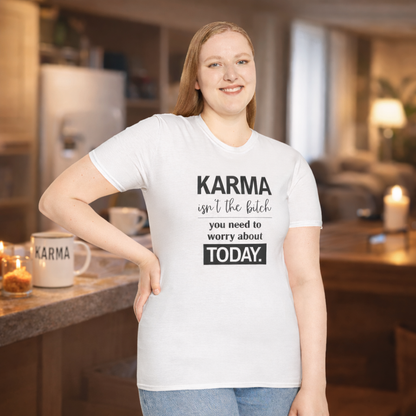 Woman wearing a white t-shirt with sarcastic karma quote, casual lifestyle setting