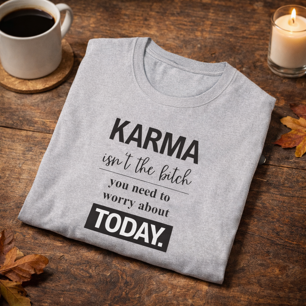 Funny karma quote t-shirt laid flat on table with coffee mug