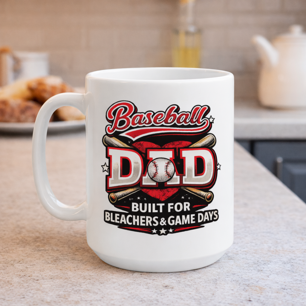 White ceramic baseball dad coffee mug with a red and black baseball-themed graphic reading “Baseball Dad Built for Game Days,” shown on a table in a casual setting.
