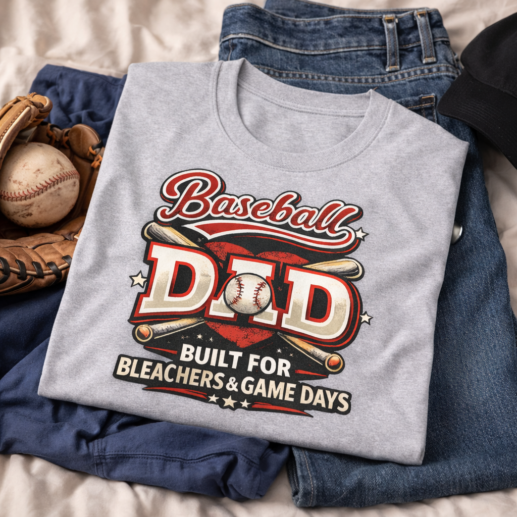Light gray baseball dad t-shirt with a red and white baseball-themed graphic reading “Baseball Dad Built for Bleachers & Game Days,” laid flat with jeans and baseball accessories.