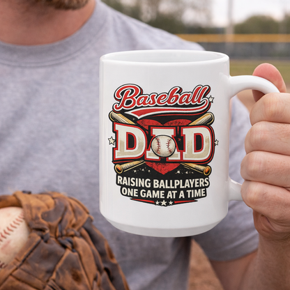 Baseball Dad coffee mug held in hand with baseball glove background, raising ballplayers one game at a time design