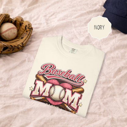 Baseball mom t-shirt worn by woman at baseball field