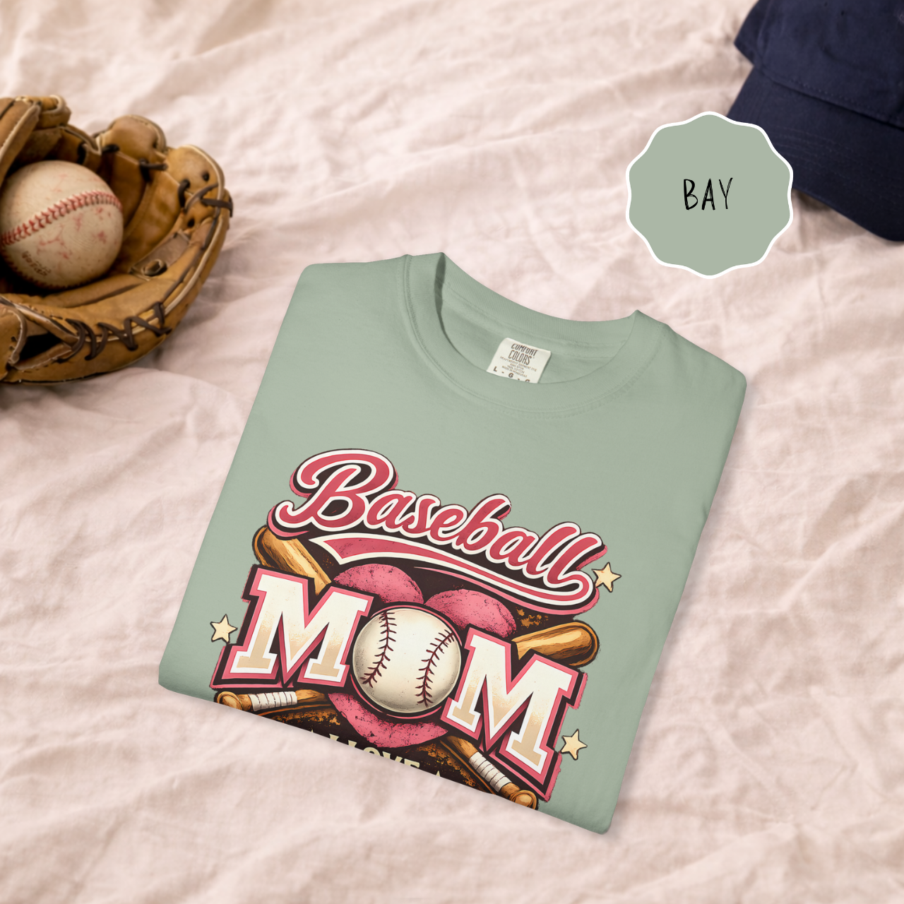 Baseball mom tee shown in multiple color options