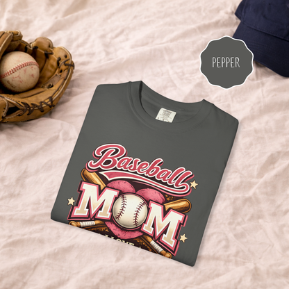 Baseball mom shirt flat lay in soft pink color