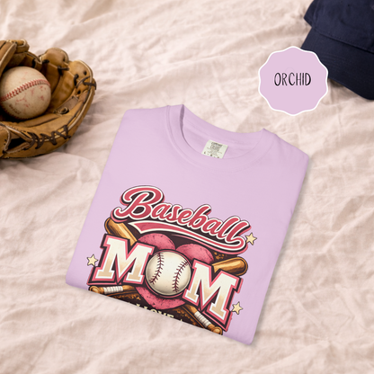 Baseball mom gift shirt displayed on fabric background