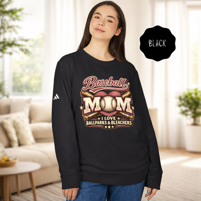 Baseball Mom crewneck adidas® sweatshirt in black featuring “I Love Ballparks & Bleachers” design worn by female model.