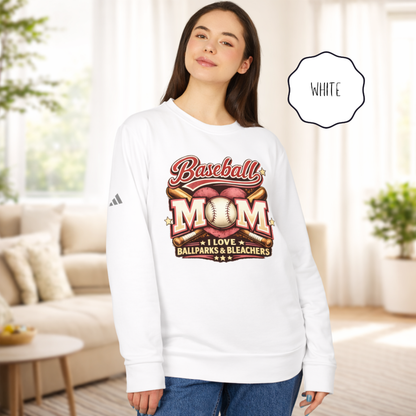 Baseball Mom crewneck adidas® sweatshirt in white featuring “I Love Ballparks & Bleachers” design worn by female model.