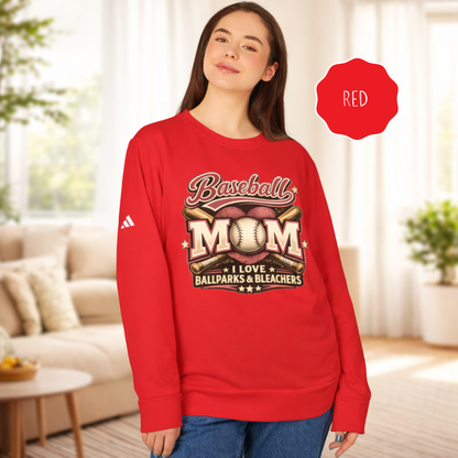 Baseball Mom crewneck adidas® sweatshirt in red featuring “I Love Ballparks & Bleachers” design worn by female model.