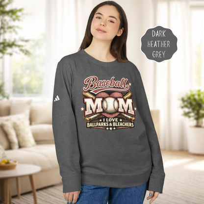 Baseball Mom crewneck adidas® sweatshirt in dark heather grey featuring “I Love Ballparks & Bleachers” design worn by female model.