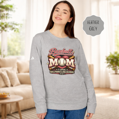 Baseball Mom crewneck adidas® sweatshirt in heather grey featuring “I Love Ballparks & Bleachers” design worn by female model.