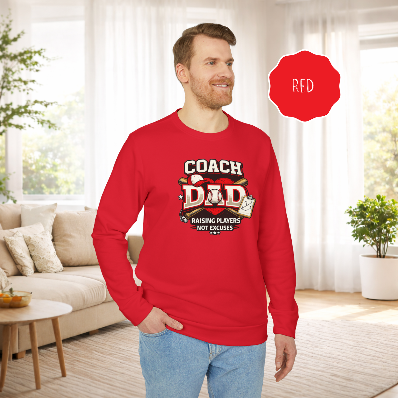 Man wearing a red baseball coach dad crewneck adidas® sweatshirt with Raising Players Not Excuses slogan.