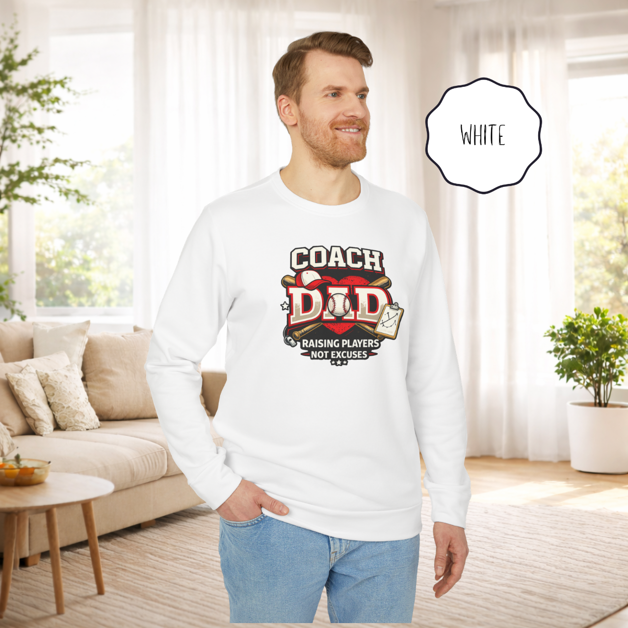 Man wearing a white baseball coach dad crewneck adidas® sweatshirt with Raising Players Not Excuses slogan.