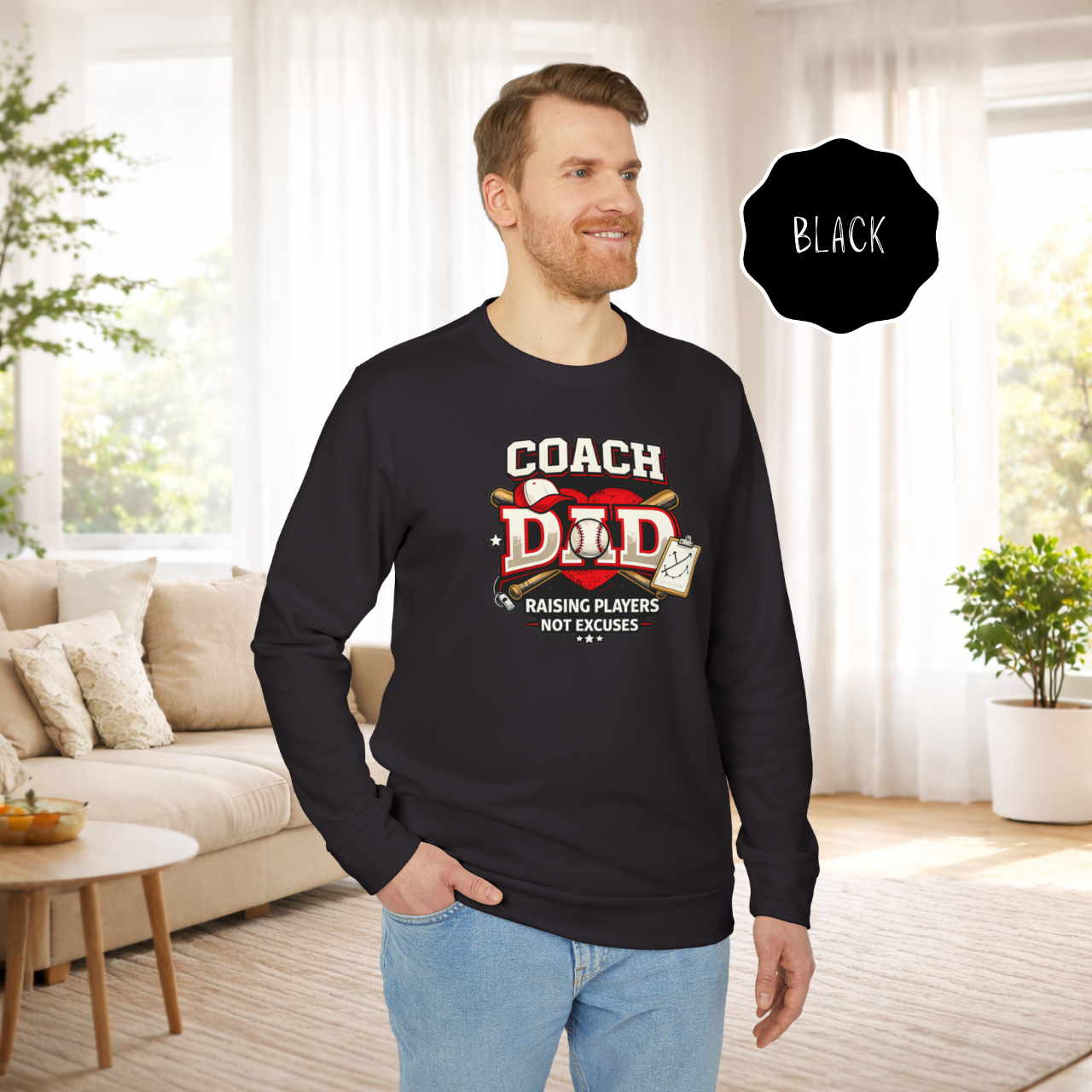 Man wearing a black baseball coach dad crewneck adidas® sweatshirt with Raising Players Not Excuses slogan.