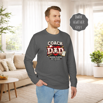 Man wearing a dark heather grey baseball coach dad crewneck adidas® sweatshirt with Raising Players Not Excuses slogan.
