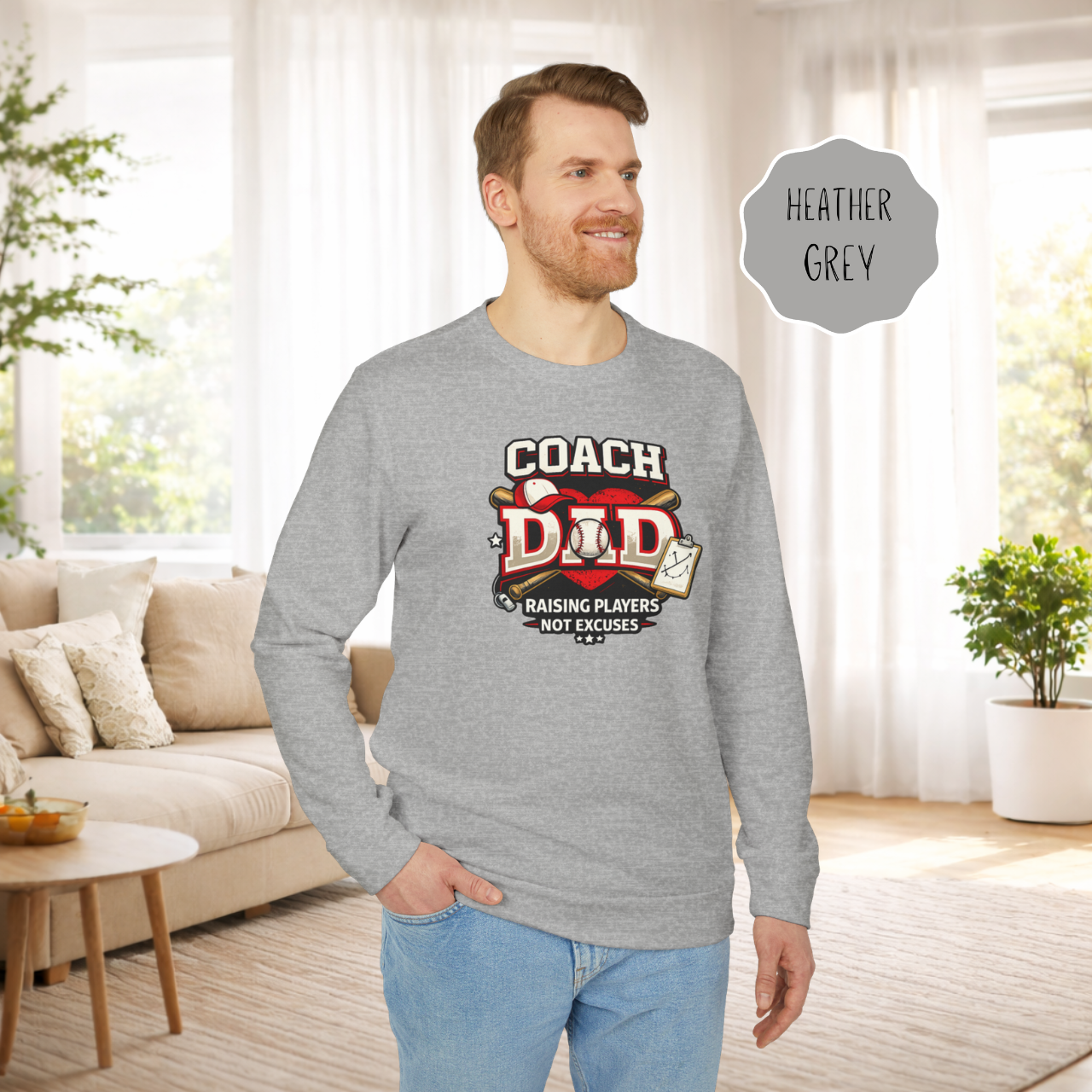 Man wearing a heather grey baseball coach dad crewneck adidas® sweatshirt with Raising Players Not Excuses slogan.
