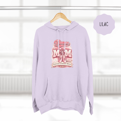 Lilac dance mom hoodie hanging on wooden hanger with ballet themed illustrated design.