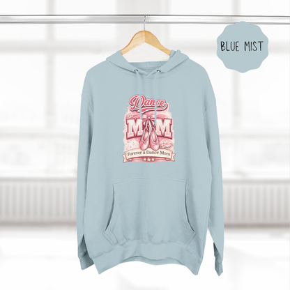 Blue Mist dance mom hoodie hanging on wooden hanger with ballet themed illustrated design.