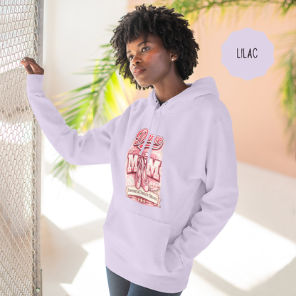 Dance mom lilac hoodie worn by woman featuring illustrated ballet shoes and Forever a Dance Mom graphic