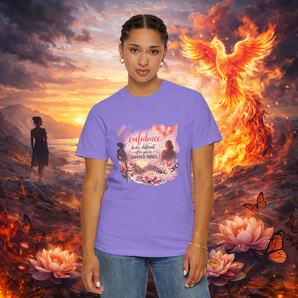 woman wearing violet survivor empowerment shirt with phoenix graphic confidence quote tee for women