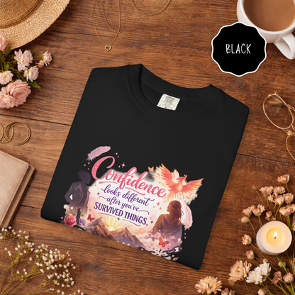 black survivor empowerment graphic tee with phoenix and confidence quote design