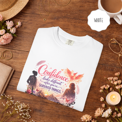 white phoenix strength shirt with survivor empowerment quote graphic for women