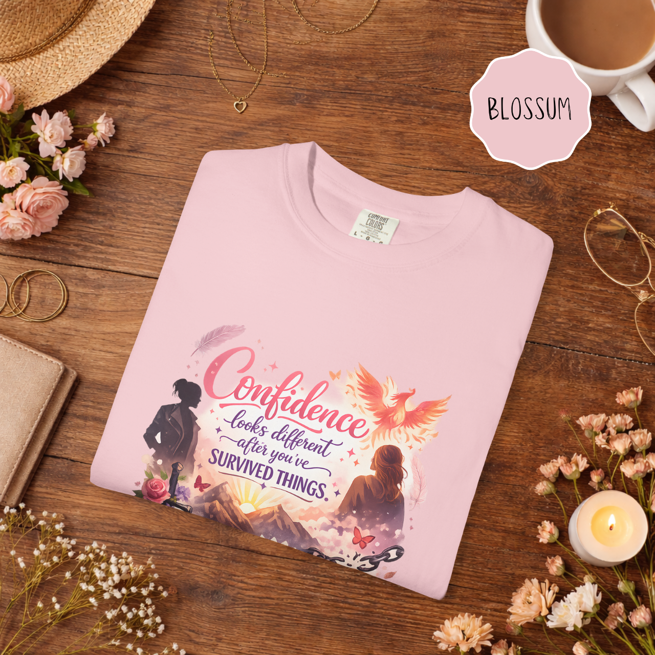 light pink empowerment shirt with phoenix survivor strength quote design