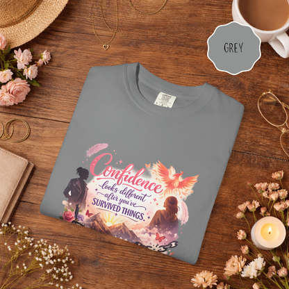 Survivor Empowerment Shirt – Confidence Looks Different After You’ve Survived Things Phoenix Graphic Tee