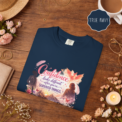 navy blue motivational phoenix graphic tee confidence quote shirt for women